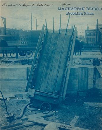 (MANHATTAN BRIDGE--NEW YORK CITY) A group of 10 photographs depicting the view from Brooklyn Tower and construction of the colonnade an